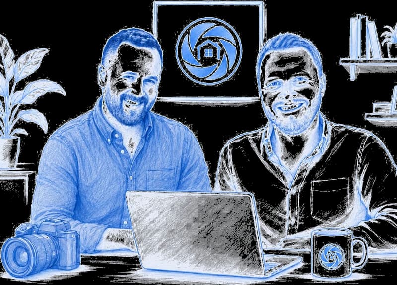 Illustration of the Apollo founders at a desk with a camera, laptop, and Apollo mark