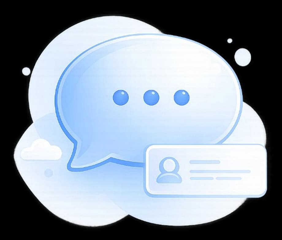 Illustration of a speech bubble and contact card suggesting conversation and answers.