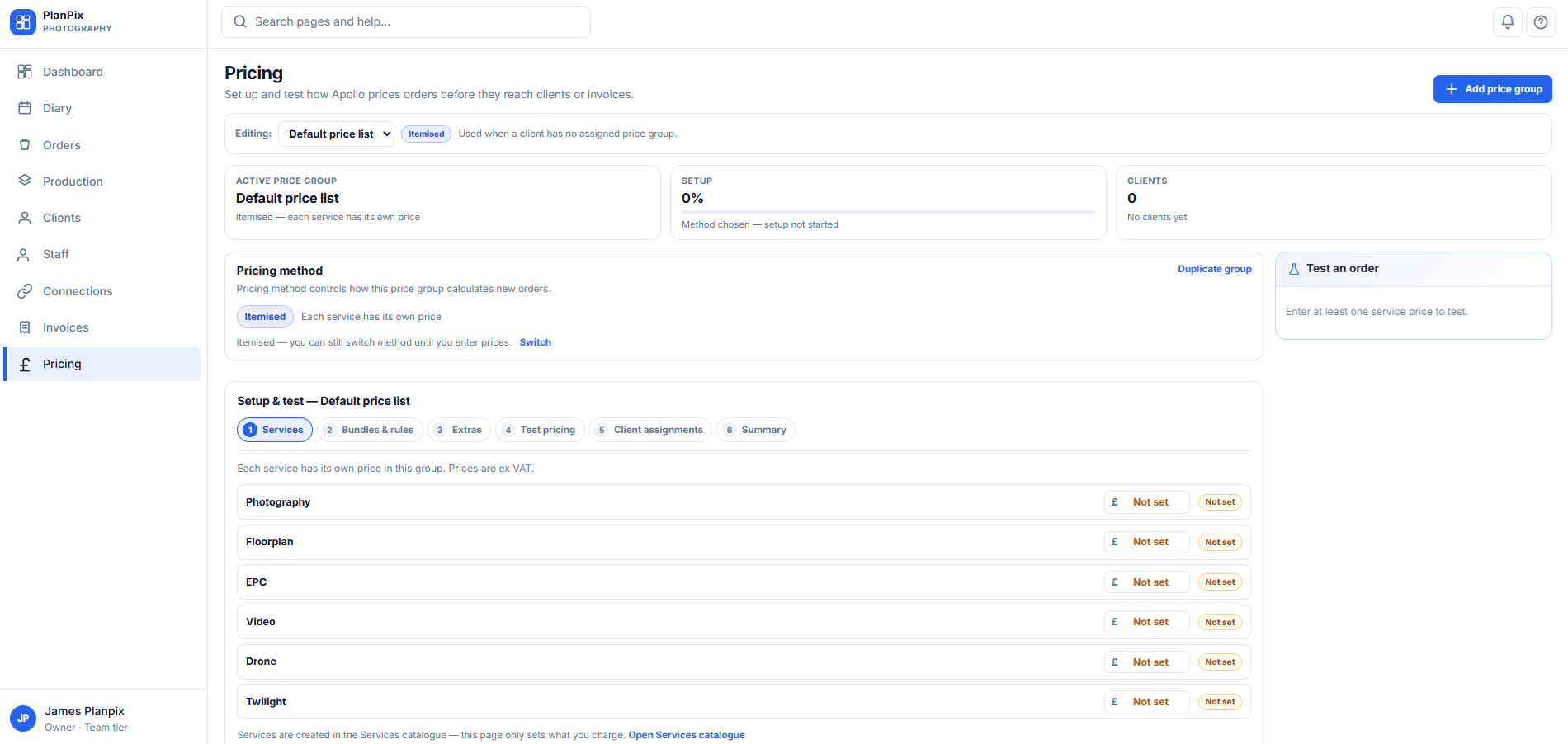 Apollo pricing configuration with services, SLAs, extras and price group setup.